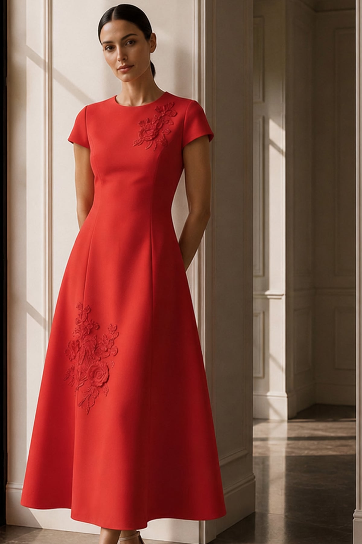 REMI RED CREPE A-LINE TEA LENGTH DRESS