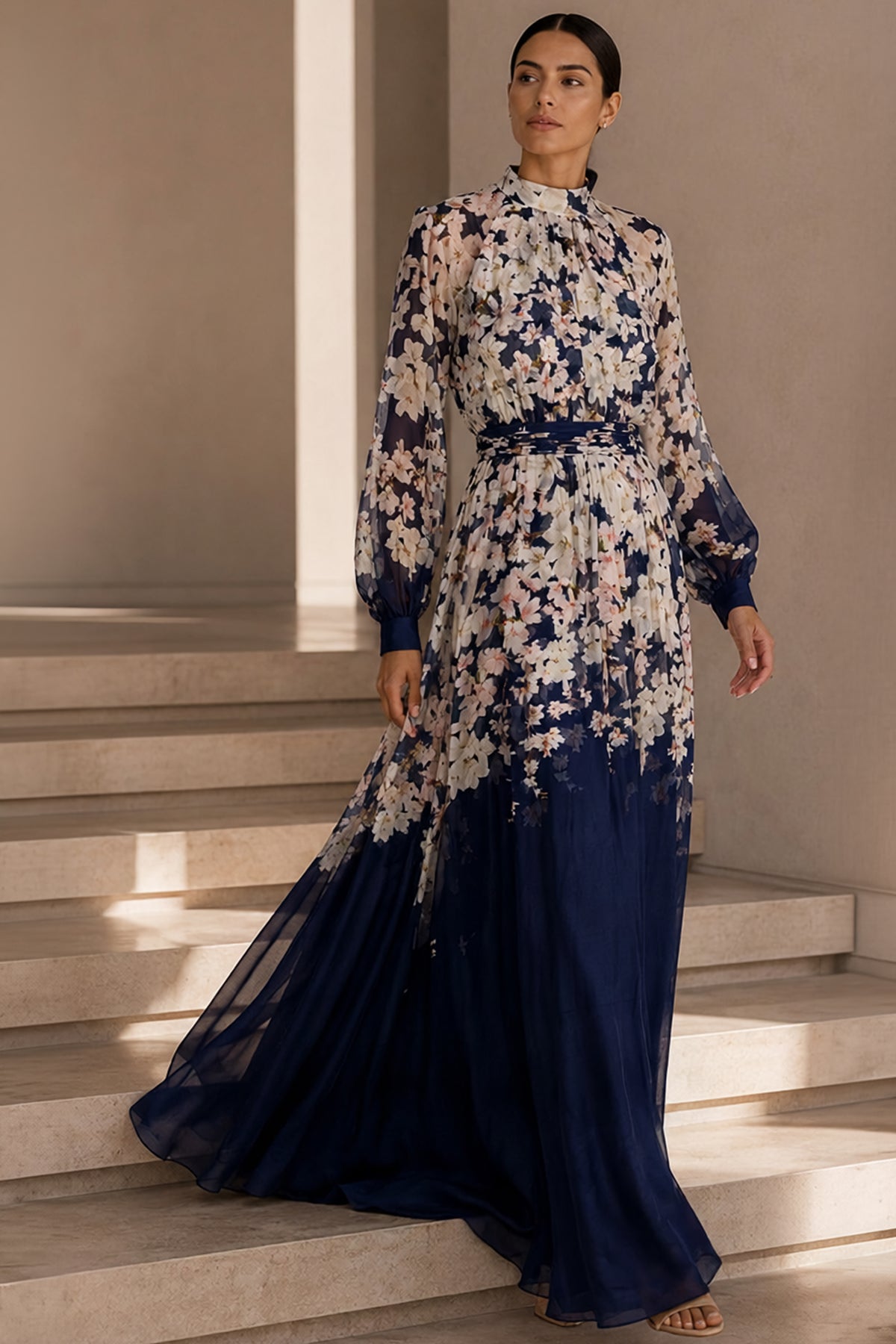 VALERIA BLUE FLORAL SILK CHIFFON A-LINE GOWN