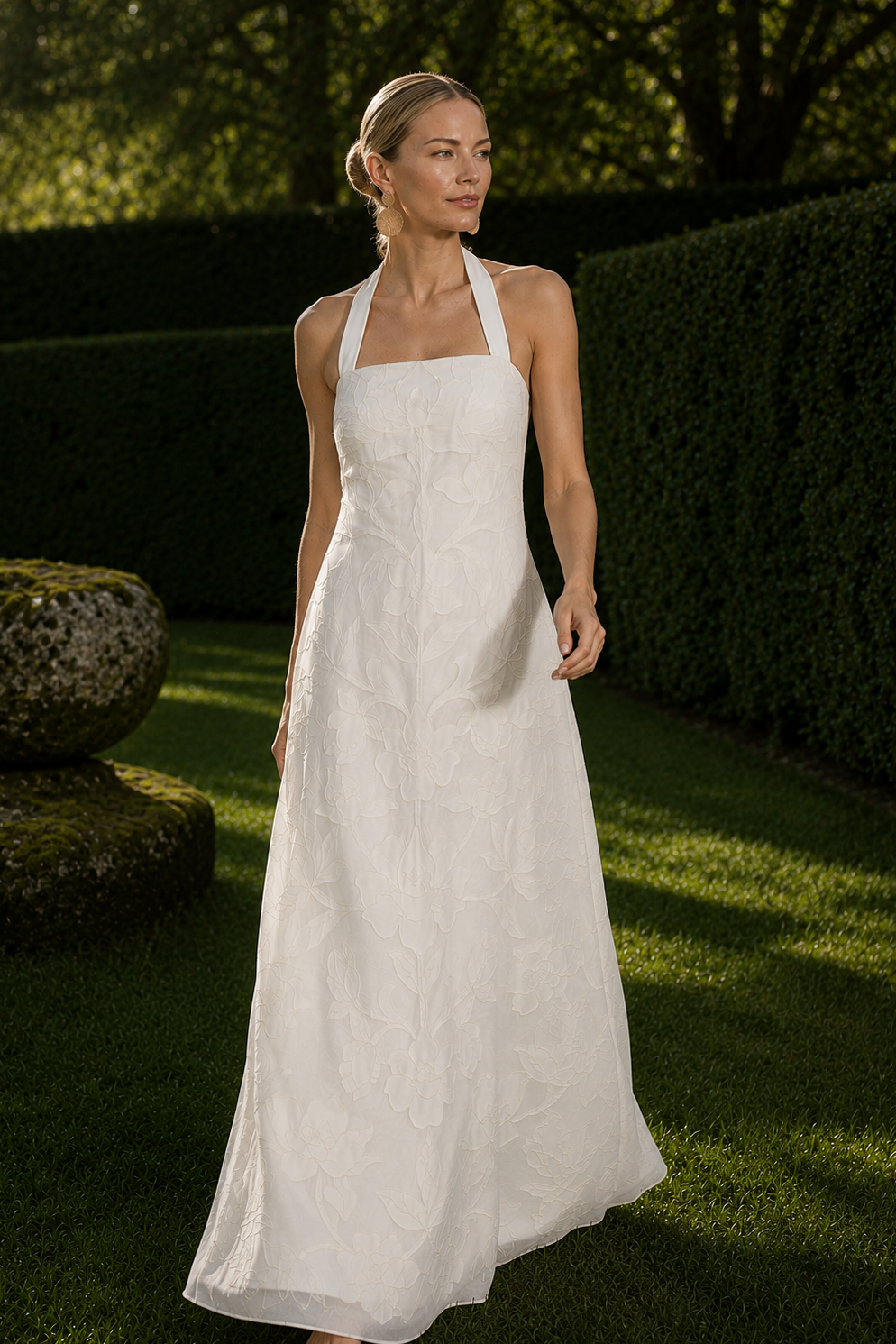 AMAL IVORY LINEN BLEND HALTER FLOOR LENGTH GOWN