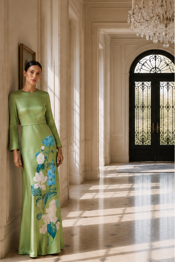 ALEX GREEN FLORAL CREPE SATIN A-LINE GOWN