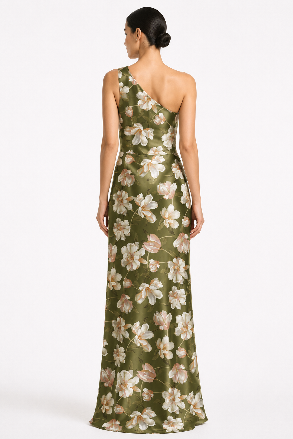 Delphine green floral one shoulder a line gown