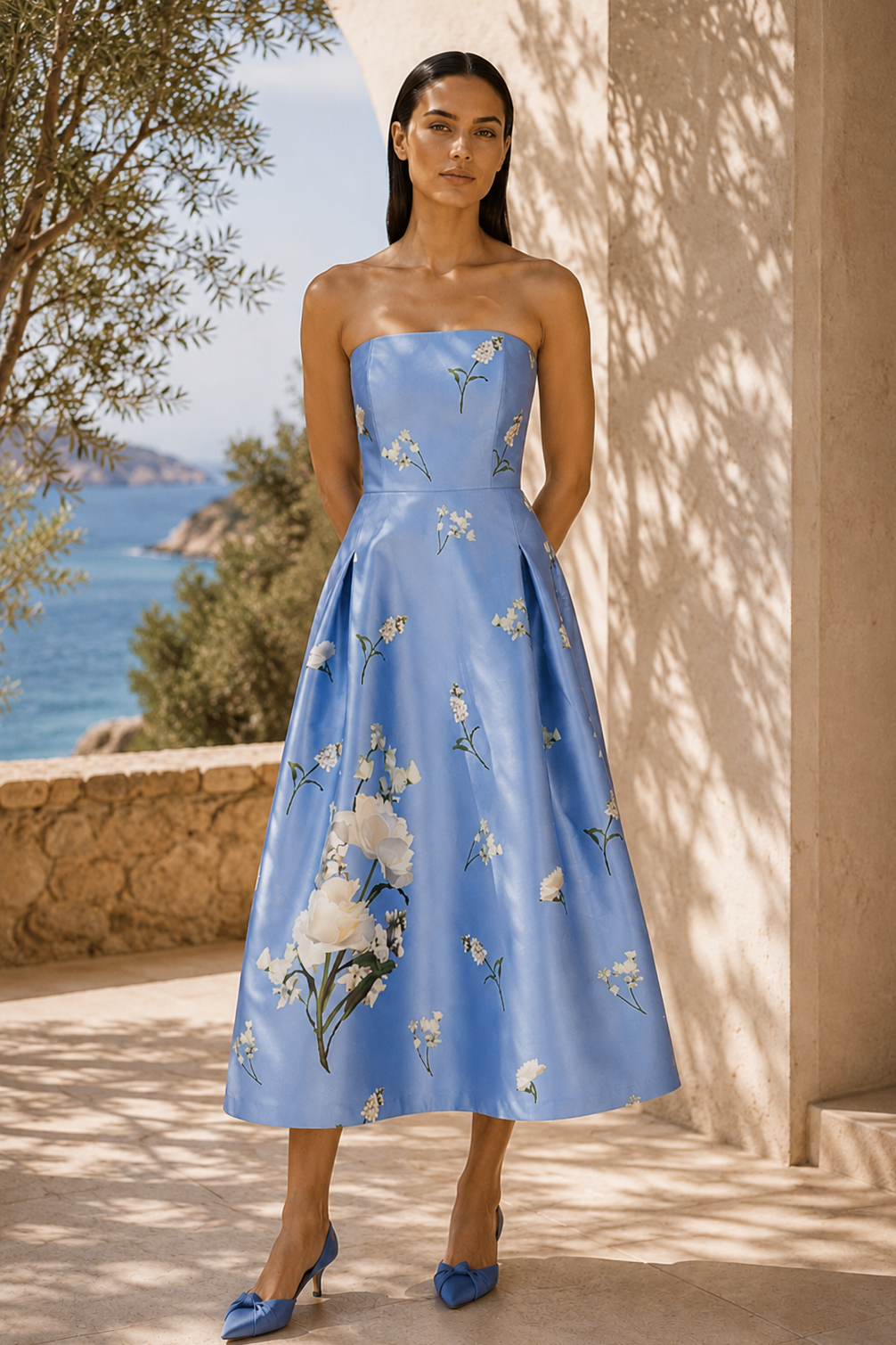 SHAY SKY BLUE FLORAL MIKADO FIT AND FLARE DRESS