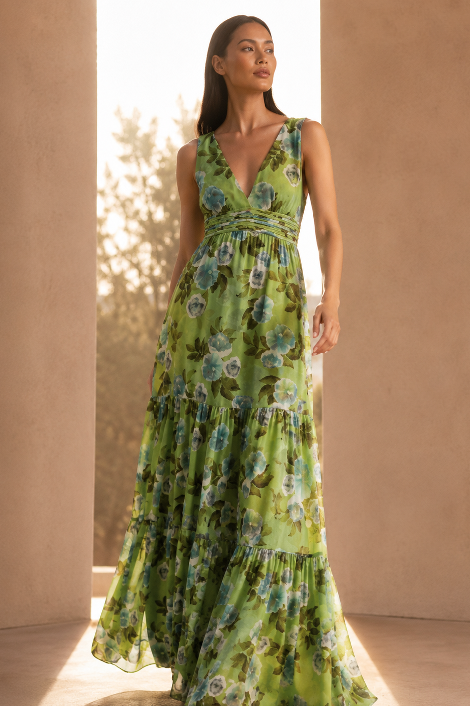 EMILIE GREEN FLORAL CHIFFON A-LINE GOWN - FINAL SALE