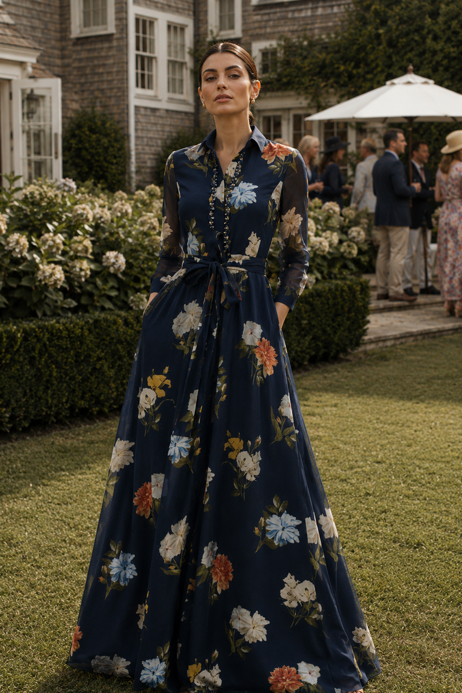 ADDISON NAVY FLORAL EMBELLISHED SHIRT DRESS GOWN