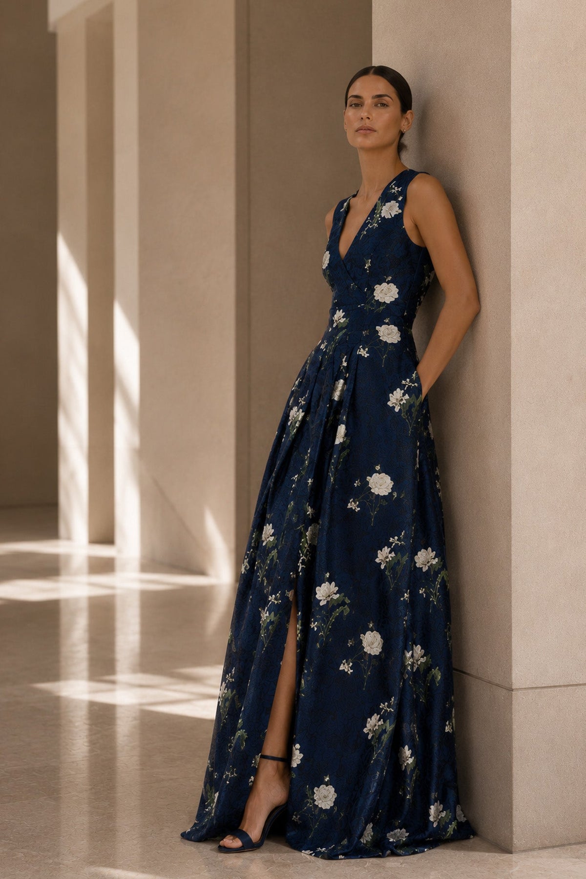 BROOKLYNNE NAVY WHITE FLORAL EMBELLISHED BALL GOWN