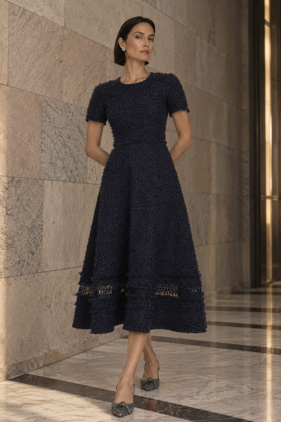 MICHAELA BLACK TWEED A-LINE TEA LENGTH DRESS