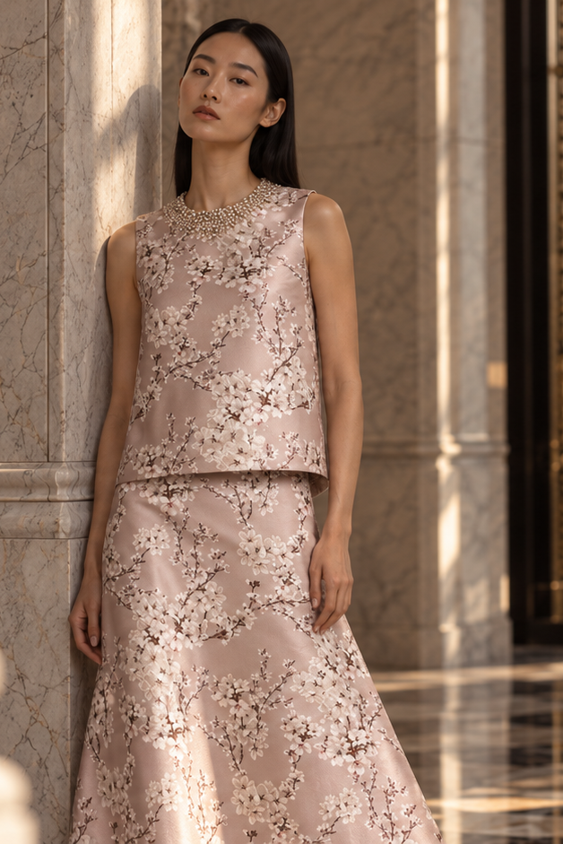 NYX BEIGE FLORAL MIKADO A-LINE MIDI SKIRT