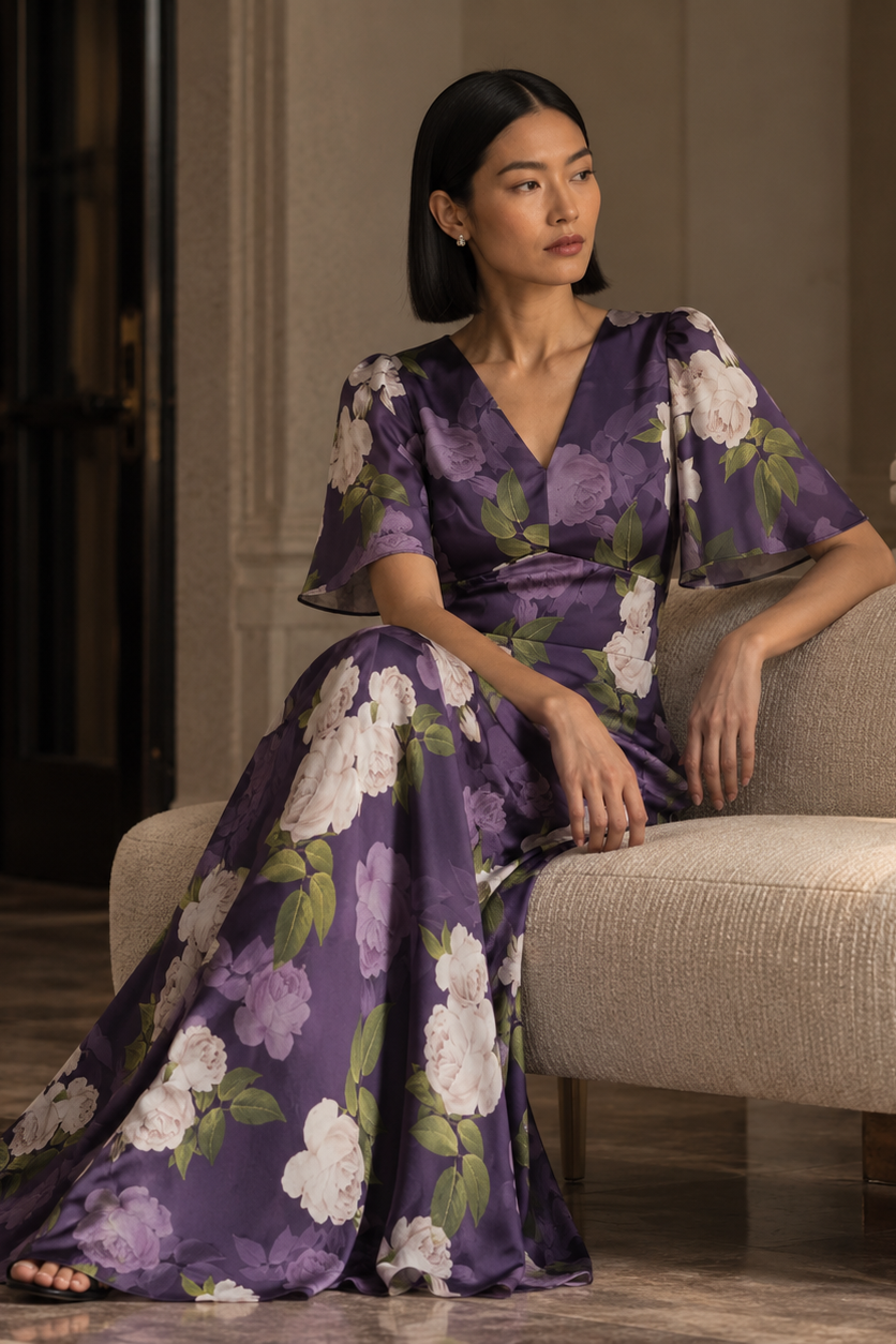 MAE PURPLE FLORAL SATIN V NECK EMPIRE WAIST GOWN