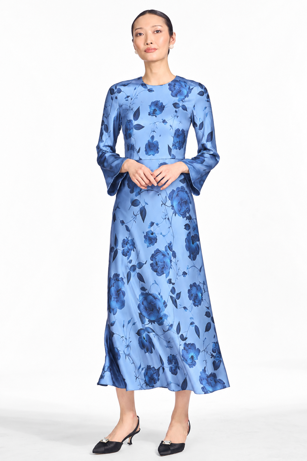 TYRA BLUE FLORAL TEA LENGTH EMPIRE WAIST DRESS