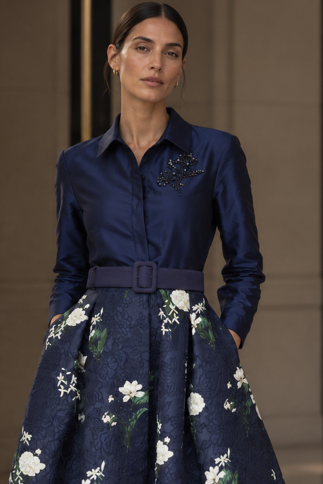 QUINN NAVY FLORAL A-LINE GOWN