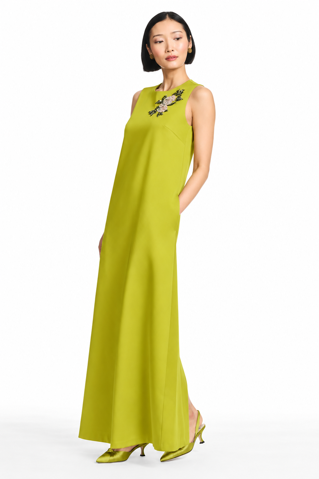 Sutton yellow satin tea length a line dress