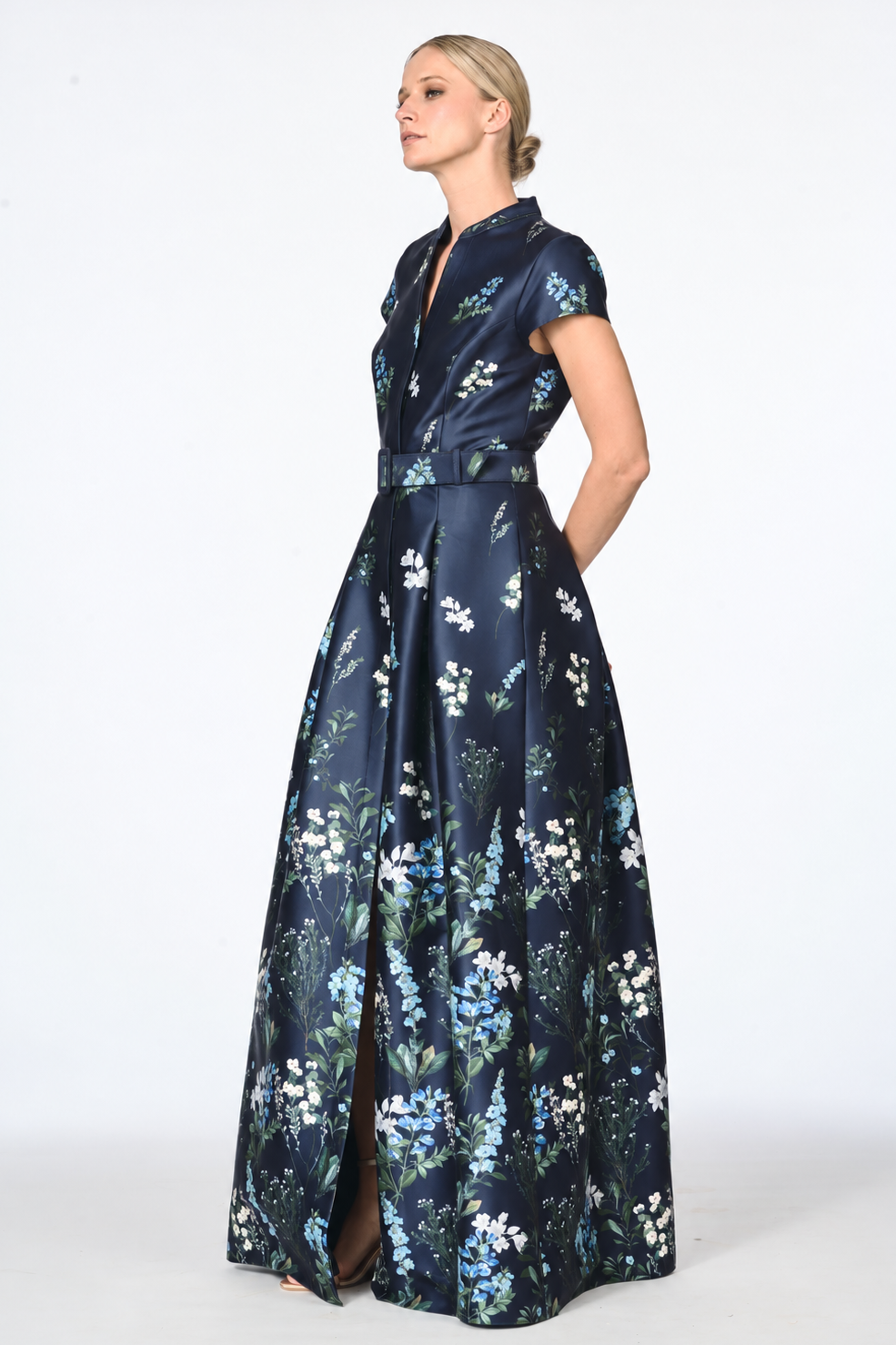 MARTA DARK BLUE FLORAL MIKADO BALL GOWN