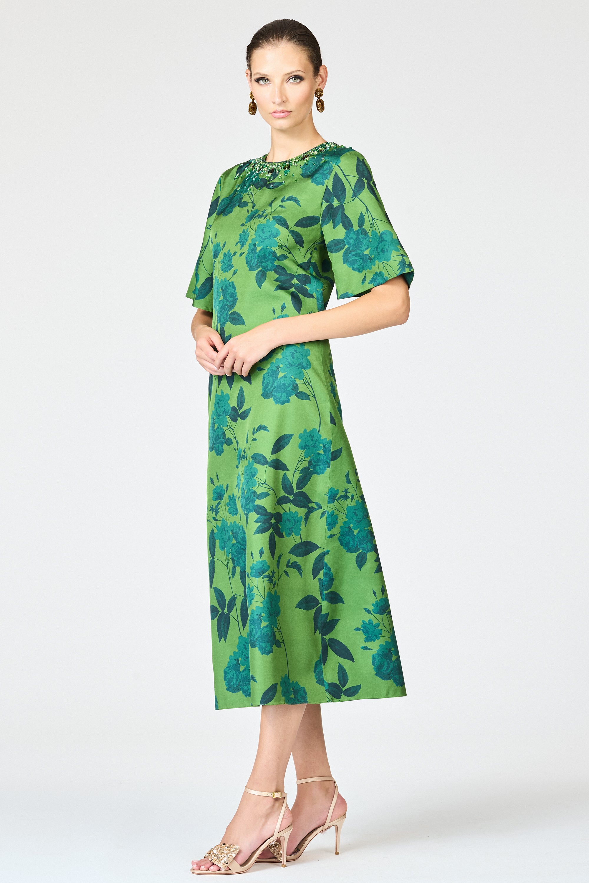 EMBELLISHED LEMIE DRESS - EMPRESS GREEN ROSES