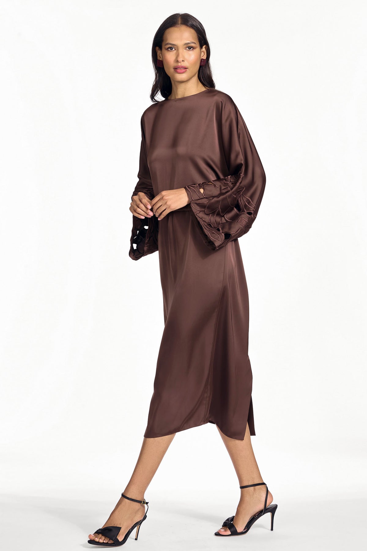 Kiera brown satin crepe midi column dress