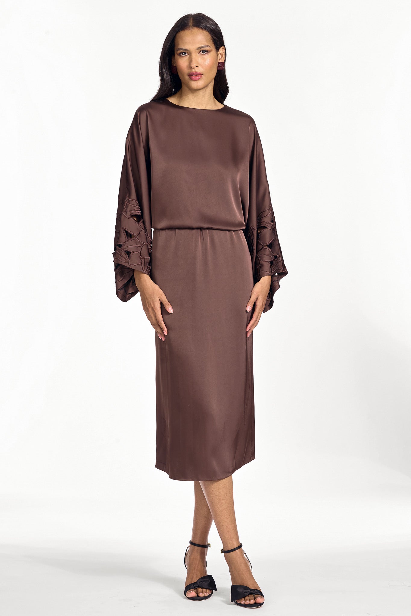 Kiera brown satin crepe midi column dress