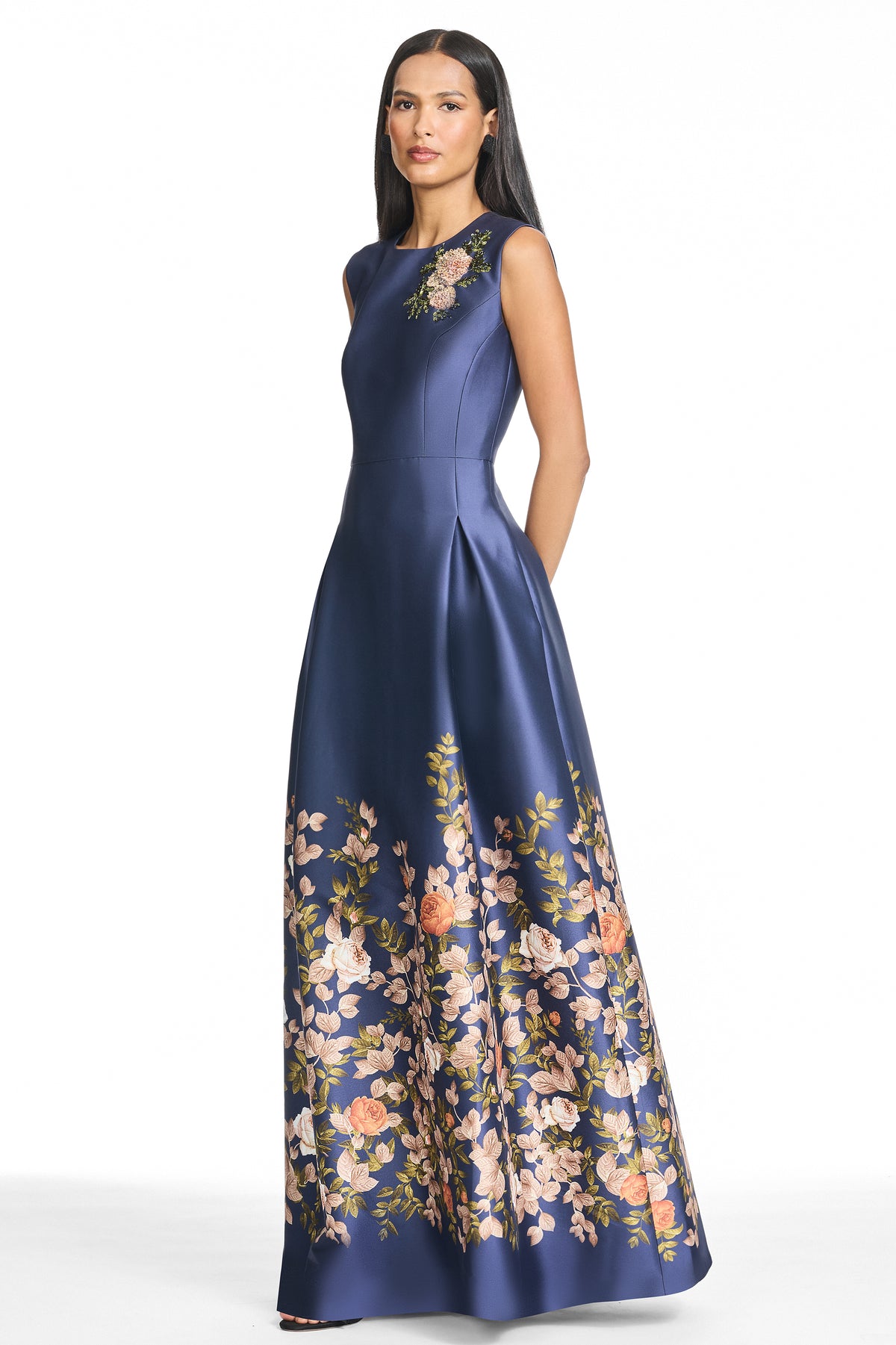 Blair blue floral silk sleeveless a line gown