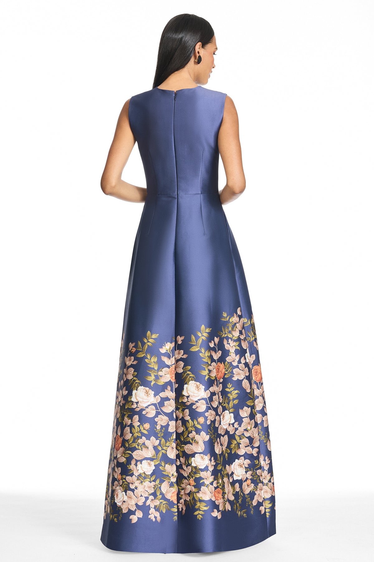 Blair blue floral silk sleeveless a line gown