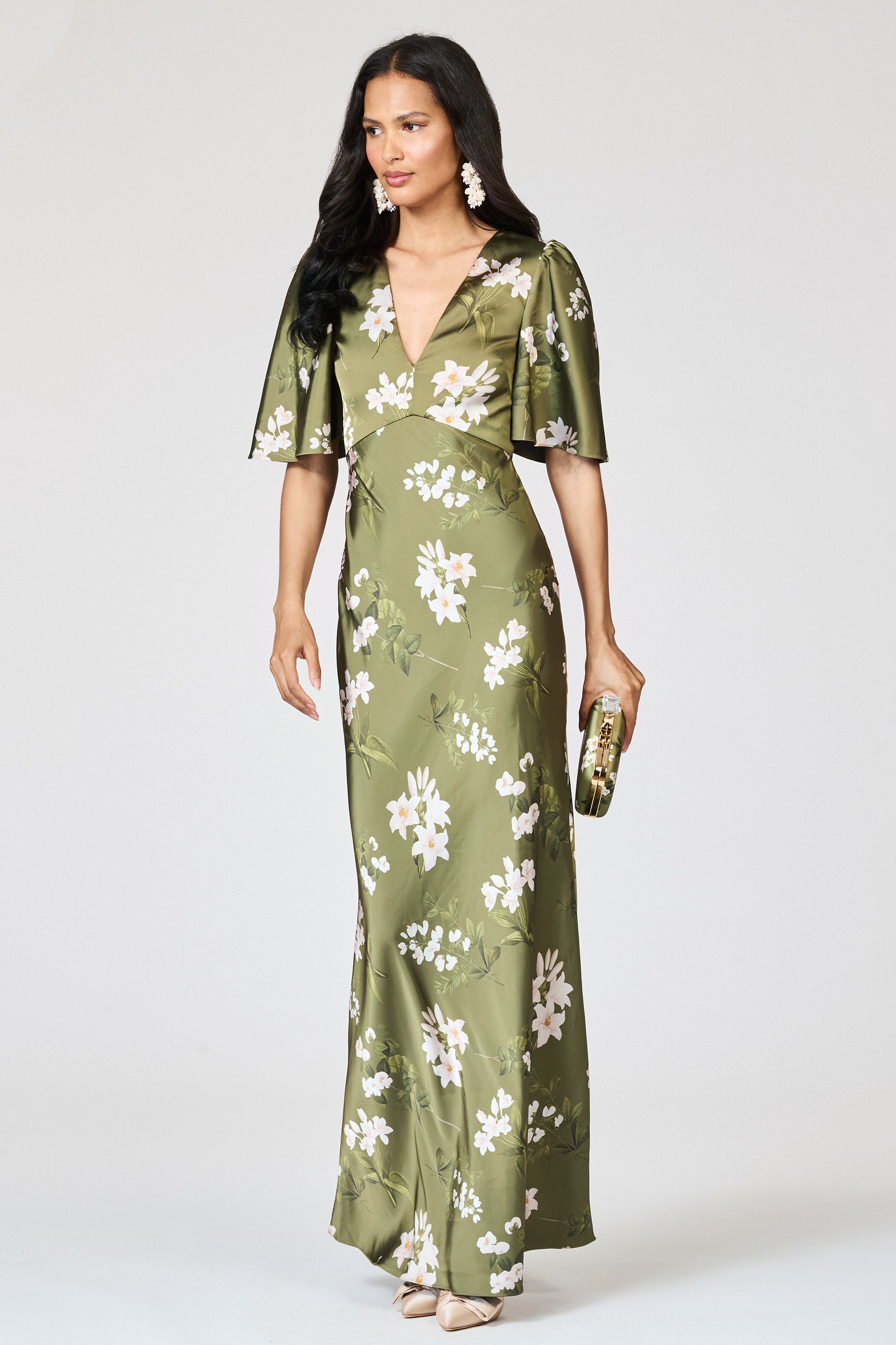 Sachin & BABI Mae Green Floral V Neck Empire Waist Gown