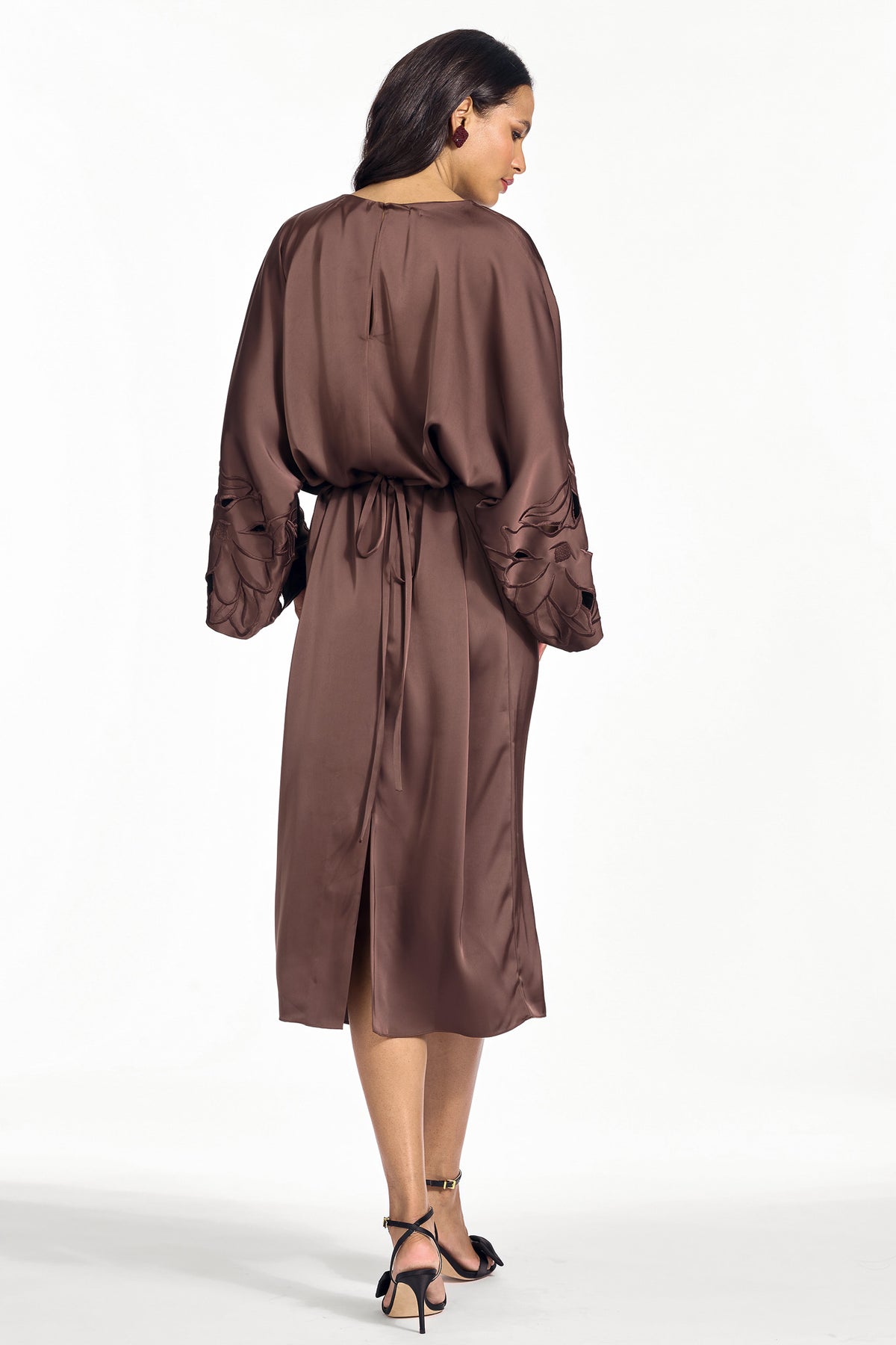 Kiera brown satin crepe midi column dress