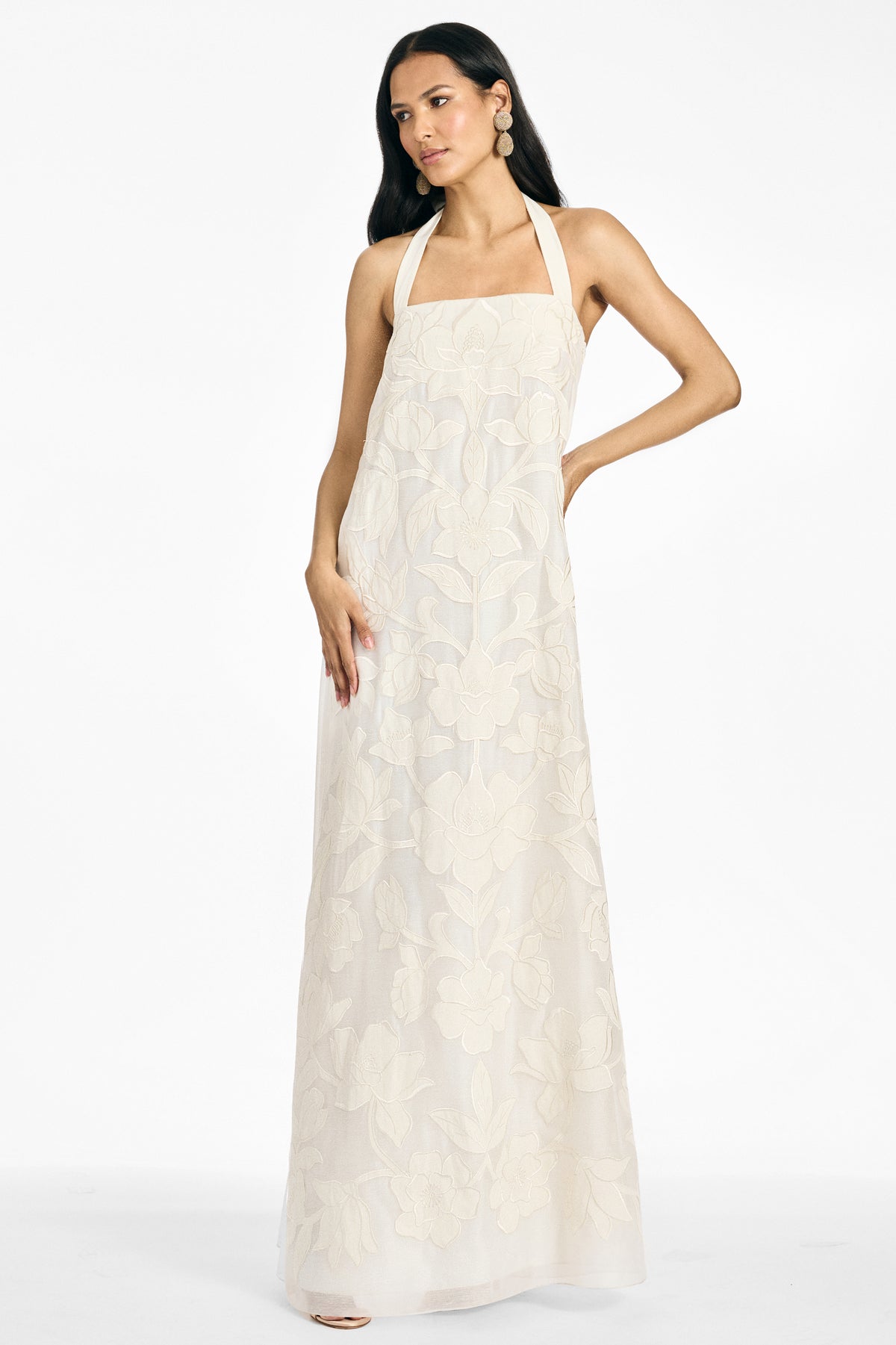Sachin & Babi Amal Ivory Linen Blend Halter Floor Length Gown