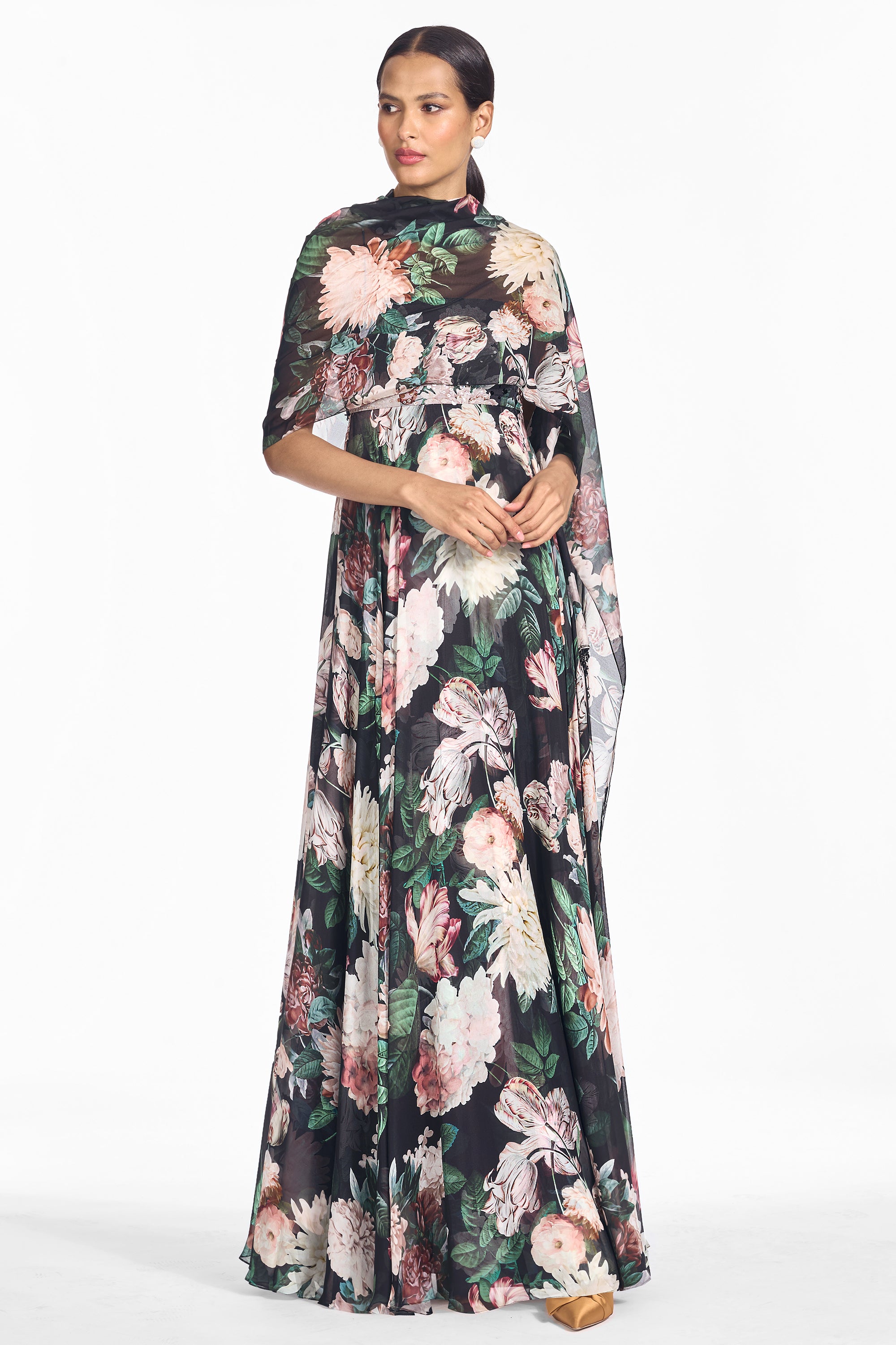 Embellished ames gown onyx & blush blooms