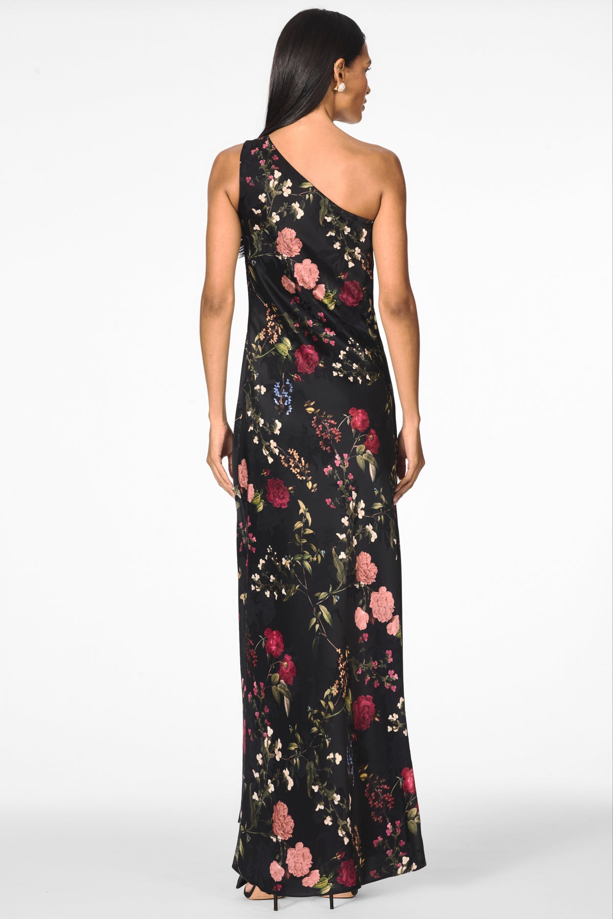 Alessia black floral one shoulder a line gown