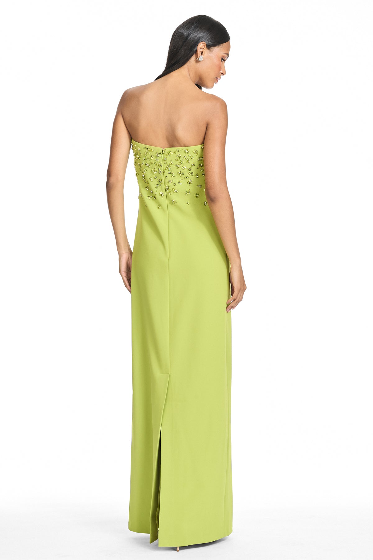 Garen green crepe strapless column gown