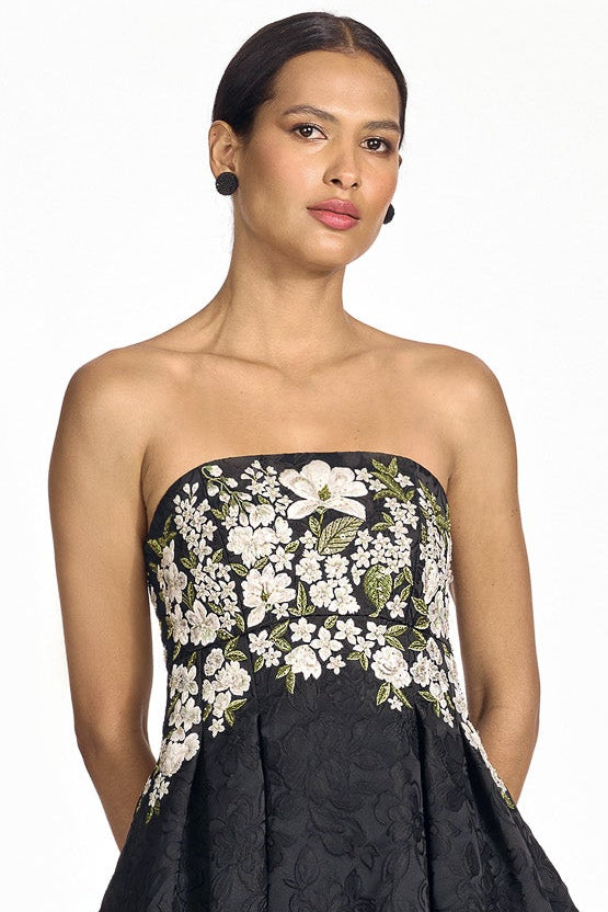 Astrid black embroidered a line gown
