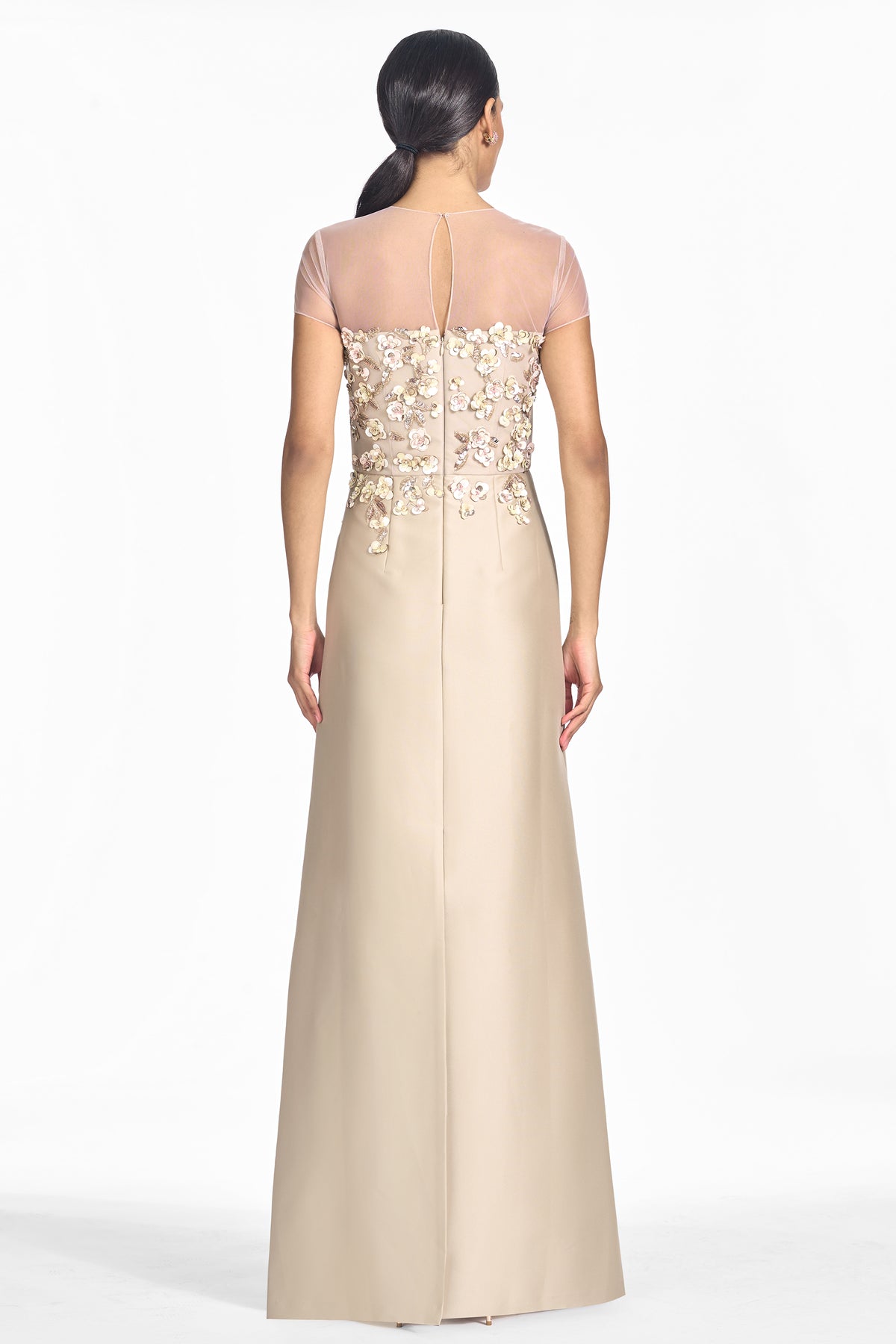 Victoria beige embellished mikado cap sleeve gown