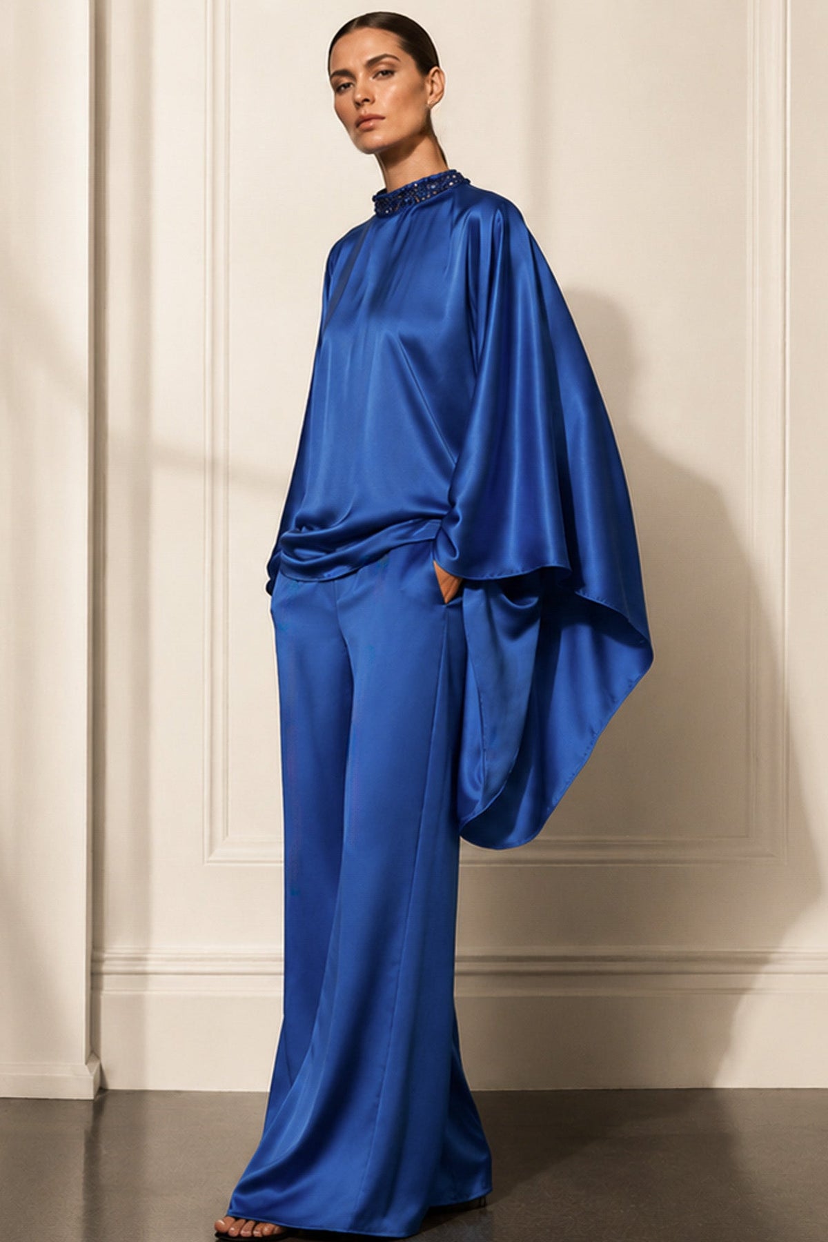 VEDA ROYAL BLUE SATIN CREPE CAPE SLEEVE TOP