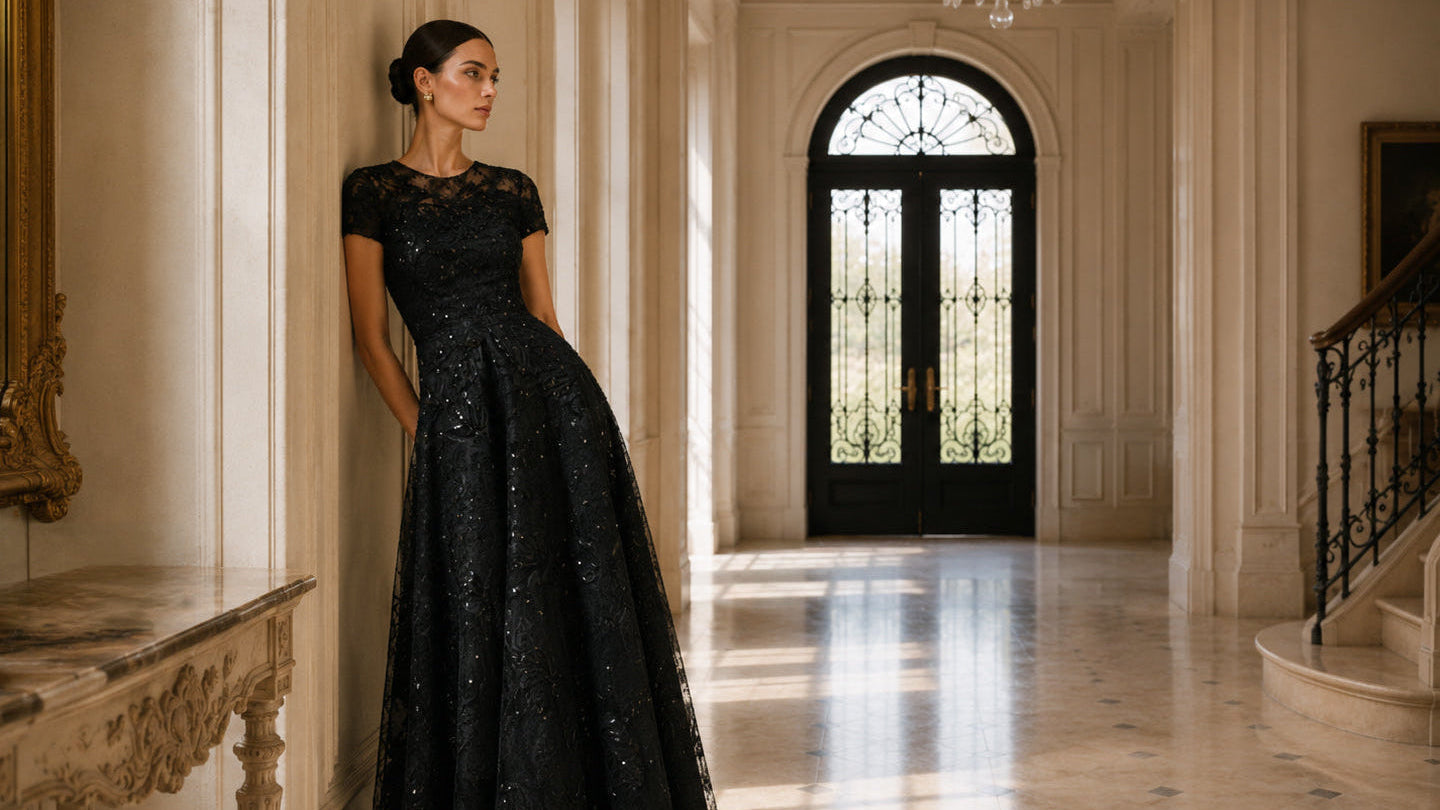 A woman wearing a floor length black lace and sequined evening gown stands in a grand, sunlit hallway with cream walls, a chandelier, and a staircase