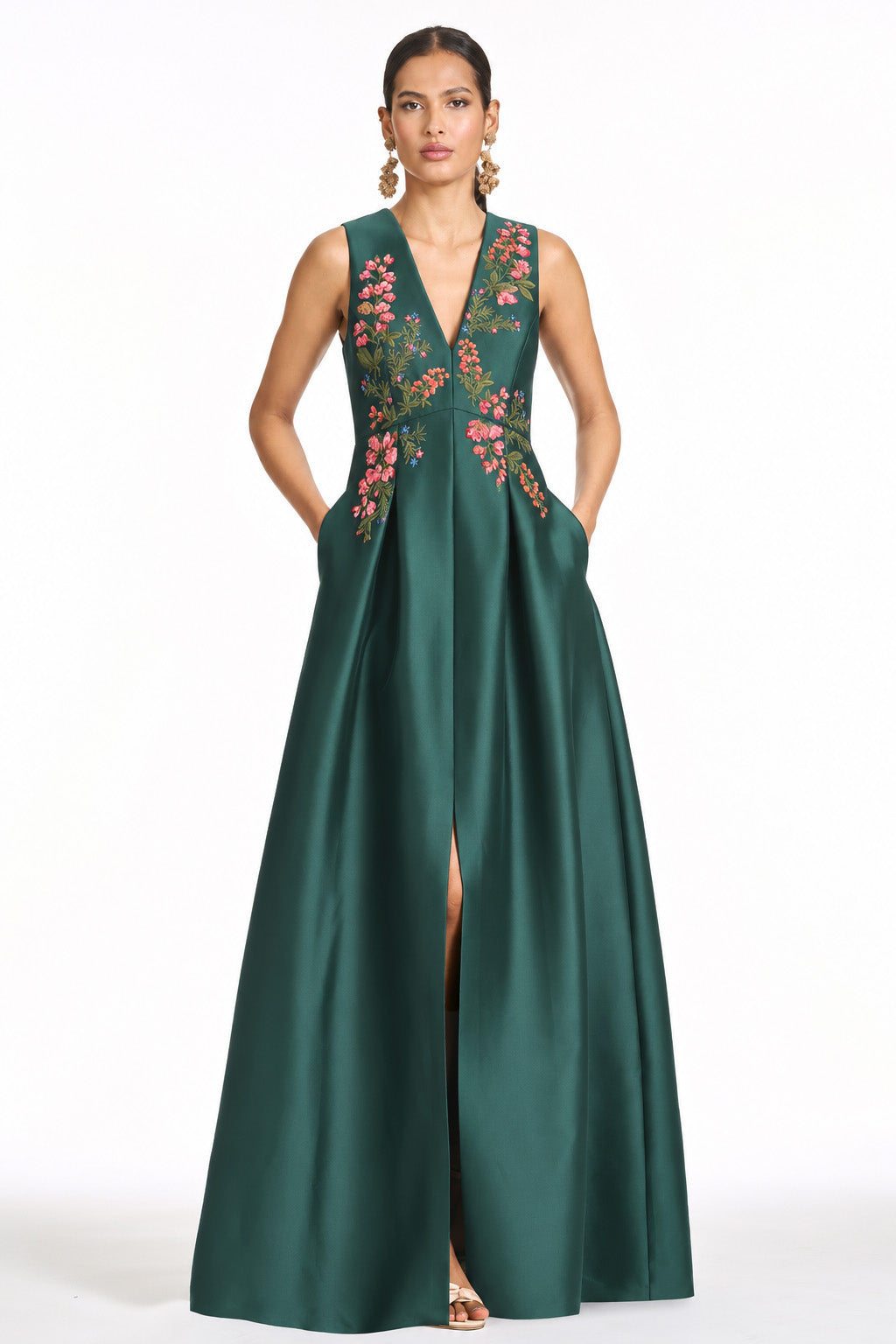 BROOKLYNNE GREEN EMBROIDERED MIKADO BALL GOWN
