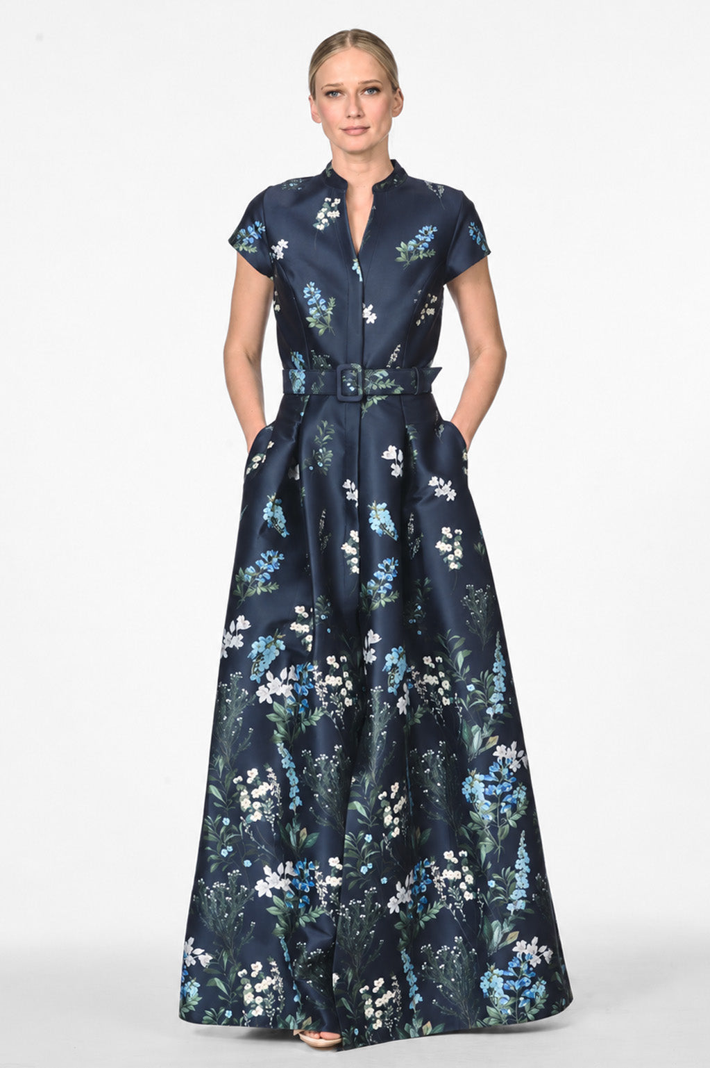 MARTA DARK BLUE FLORAL MIKADO BALL GOWN