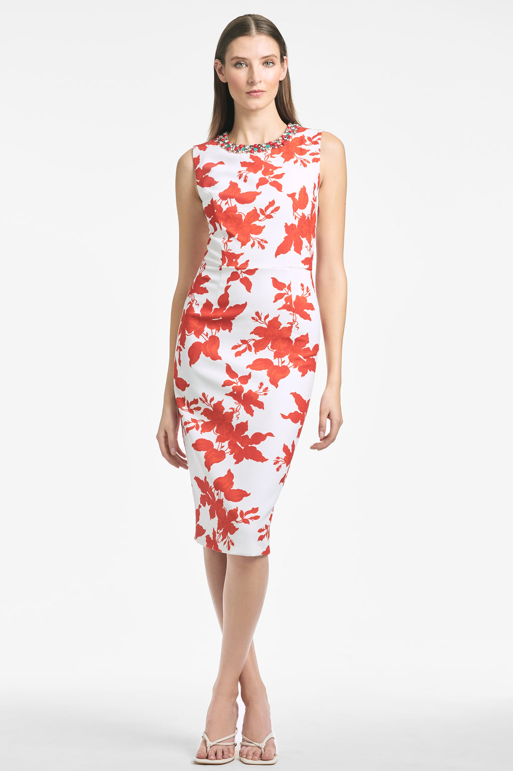 Calvin klein floral embroidered trumpet midi outlet dress