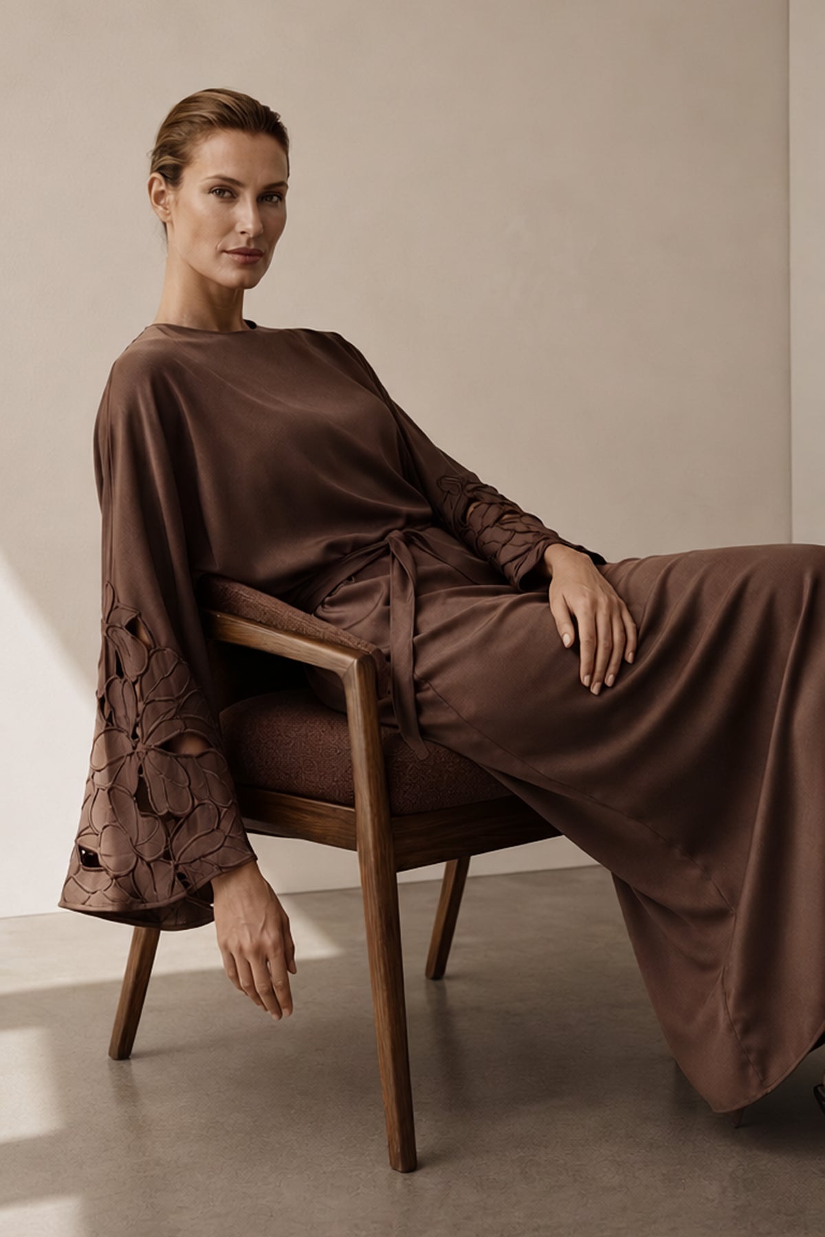 KIERA BROWN SATIN CREPE MIDI COLUMN DRESS