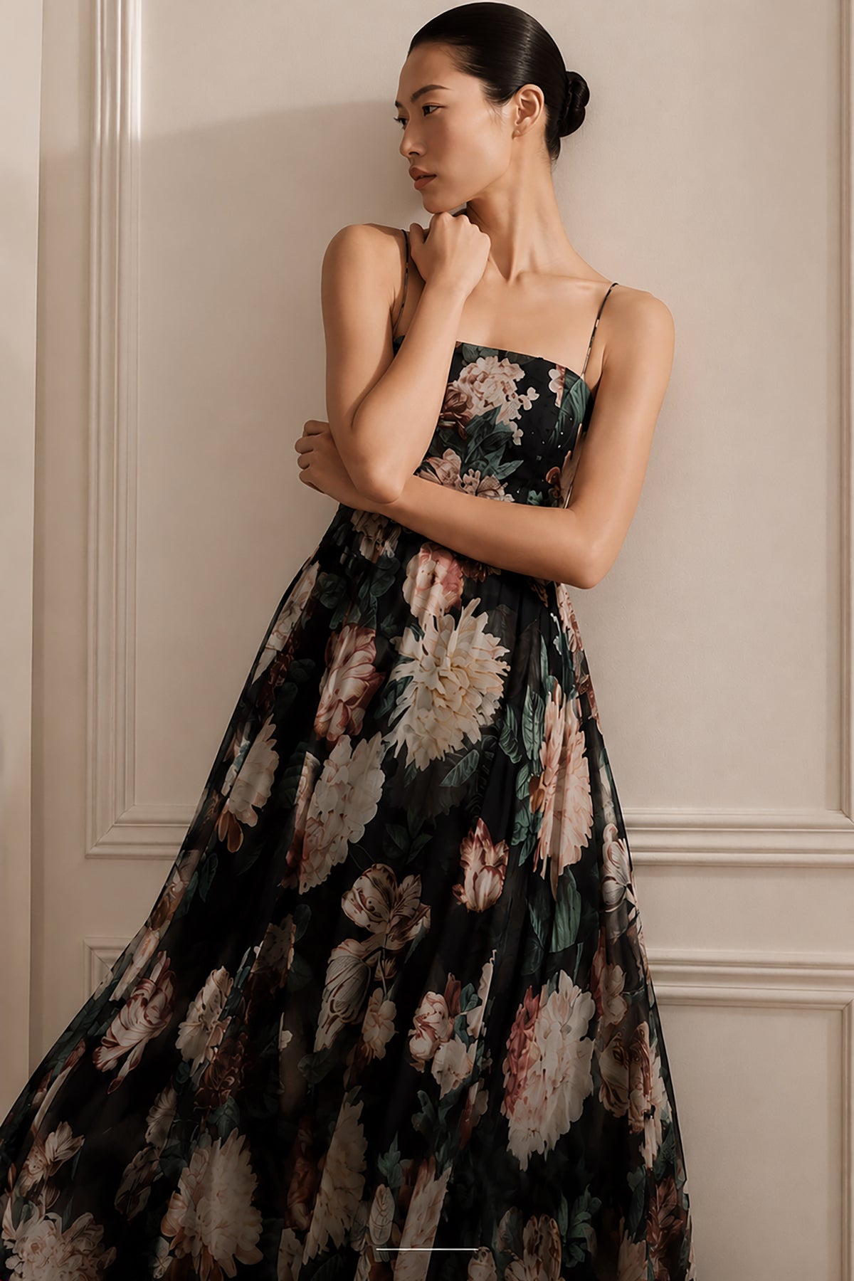 AMES BLACK FLORAL EMBELLISHED EMPIRE WAIST GOWN