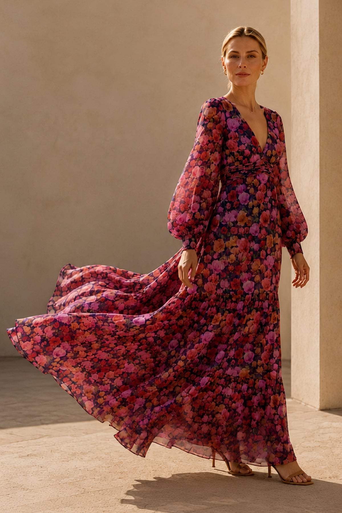 KARA MULTI FLORAL SILK CHIFFON A-LINE GOWN