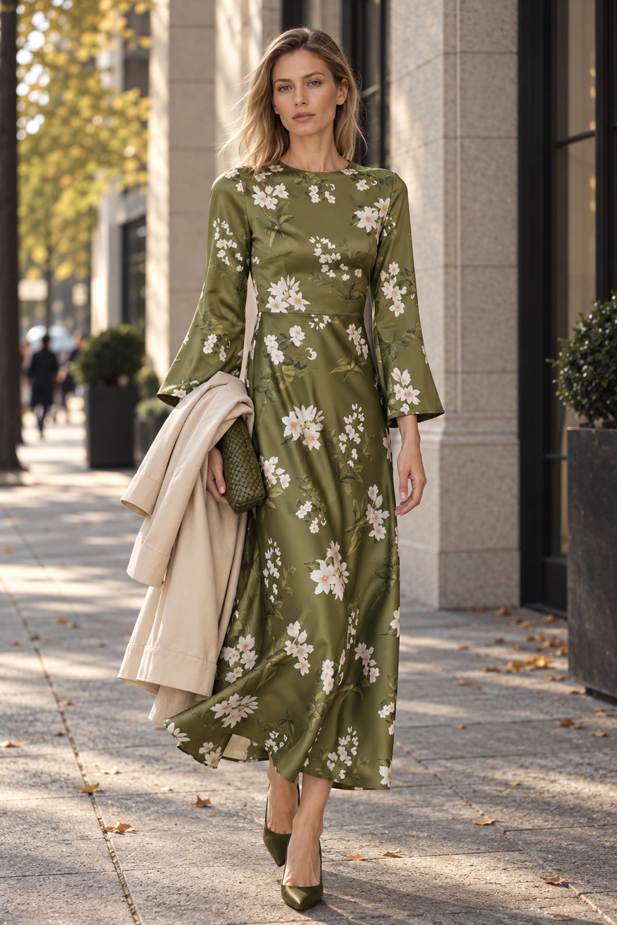 TYRA GREEN FLORAL TEA LENGTH EMPIRE WAIST DRESS