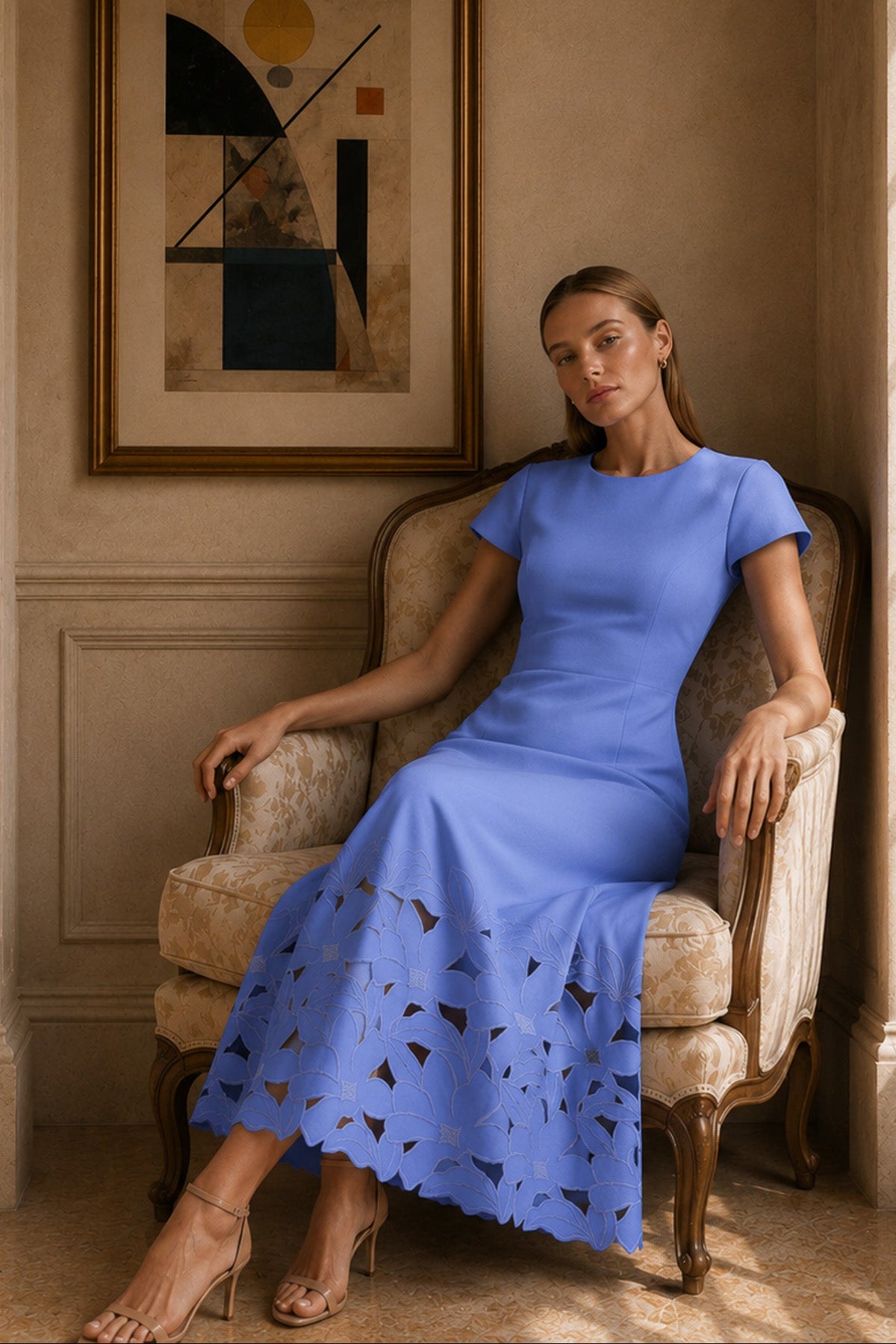 PAOLA PERIWINKLE CREPE A-LINE MIDI DRESS