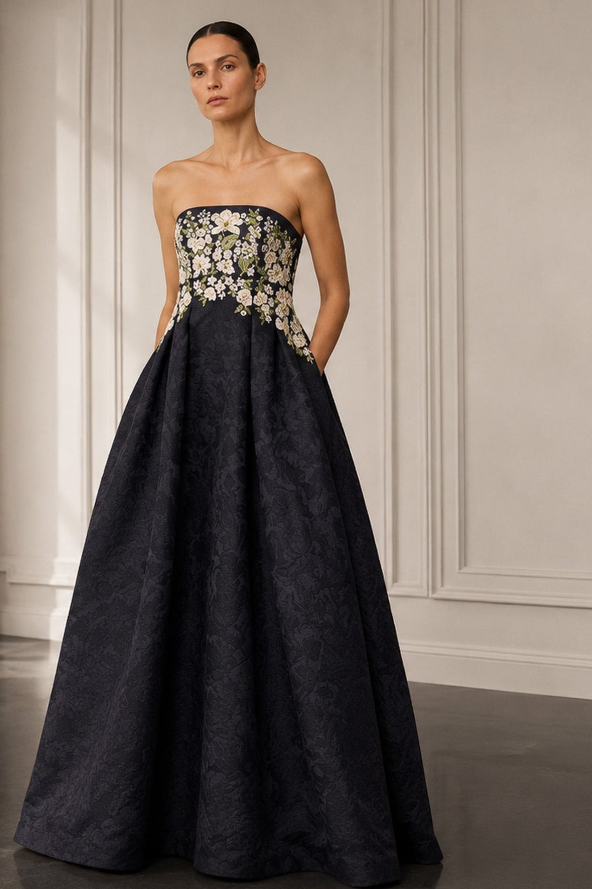 ASTRID BLACK EMBROIDERED A-LINE GOWN