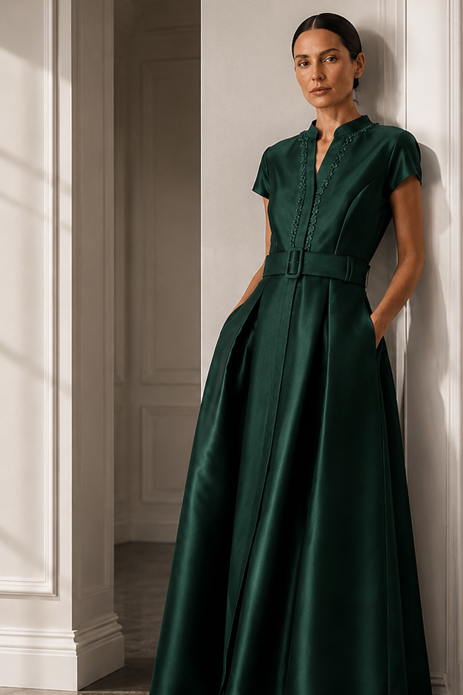 MARTA FOREST GREEN EMBELLISHED MIKADO BALL GOWN