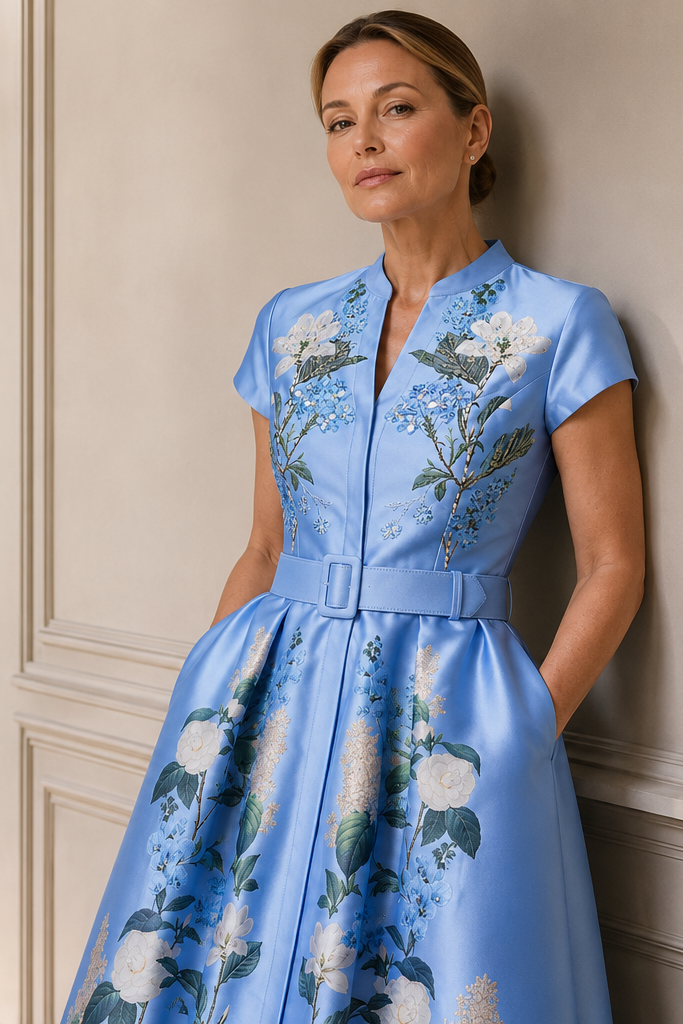 MARTA STEEL BLUE FLORAL EMBELLISHED MIKADO BALL GOWN