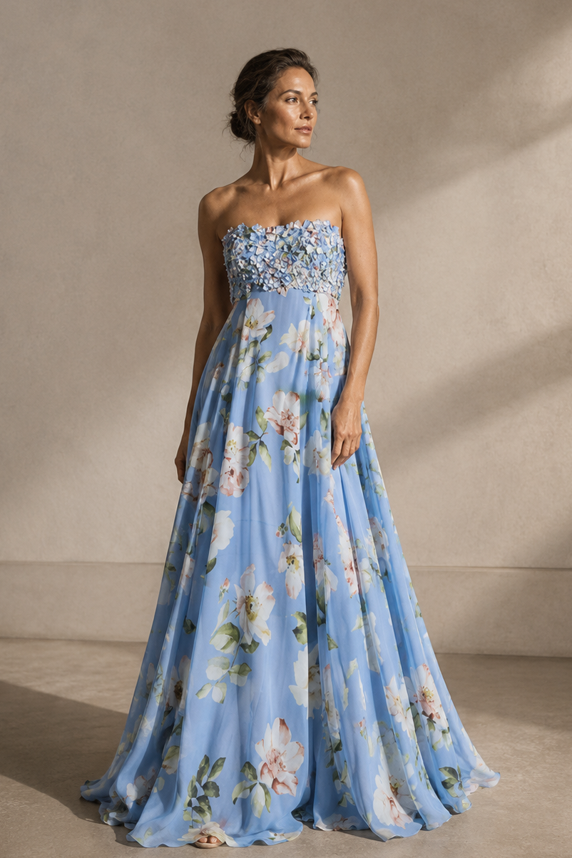 AMES BLUE FLORAL CHIFFON EMPIRE WAIST GOWN