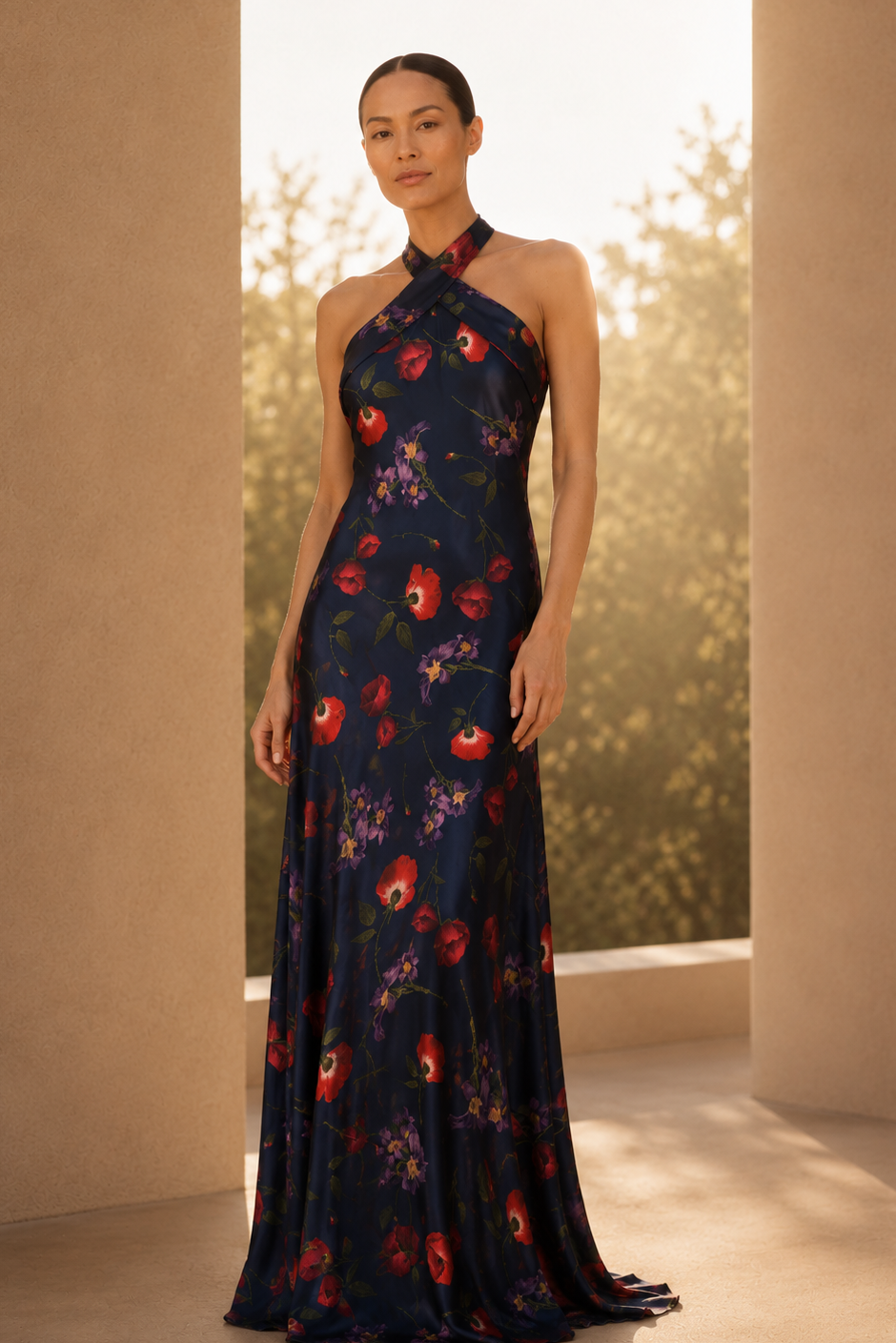 LAURANT MIDNIGHT BLUE FLORAL HALTER GOWN