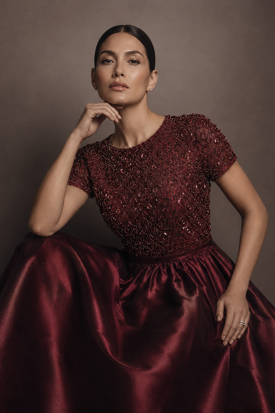 LONDON BURGUNDY EMBELLISHED SHORT SLEEVE BALL GOWN