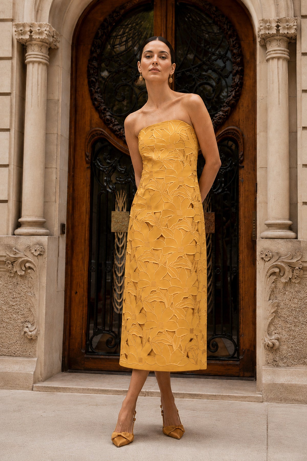 PAMELA YELLOW CREPE MIDI COLUMN DRESS