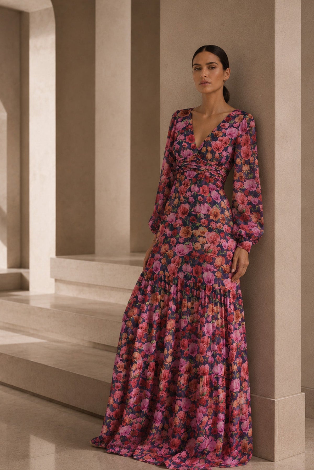 Kara multi floral silk chiffon a line gown