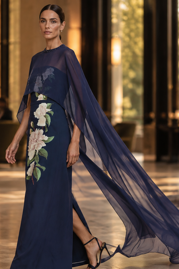 SOPHIA NAVY FLORAL EMBELLISHED CREPE COLUMN GOWN