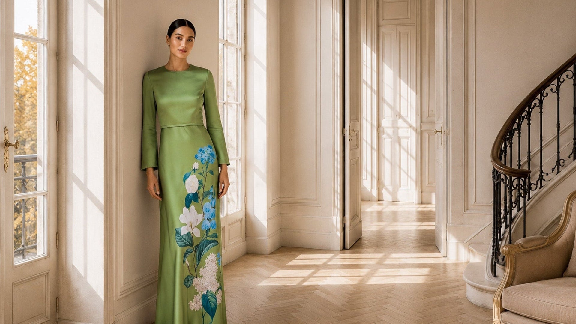 A woman stands in a sunlit elegant hallway wearing a floor length sage green gown with long sleeves and a vertical floral print in blue, white, and green near the lower skirt