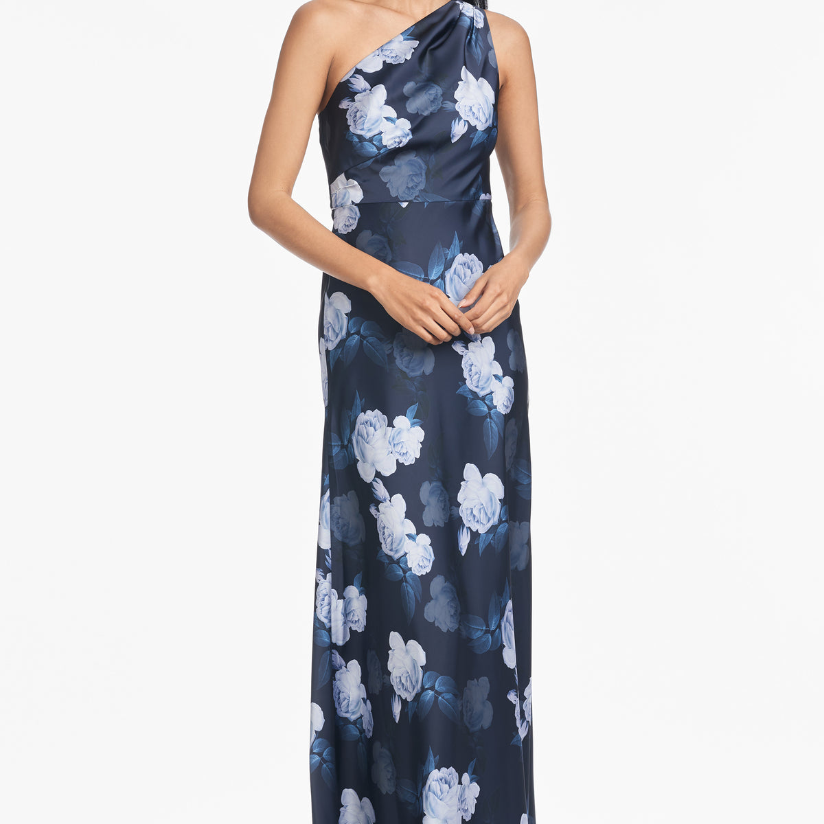 Sachin & Babi Delphine MIDNIGHT Blue Floral One Shoulder A-line Gown